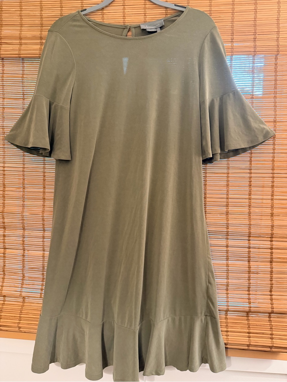 Anthropologie Averil Ruffle Modal Tee Dress in Olive w Green Flutter Sleeves- S